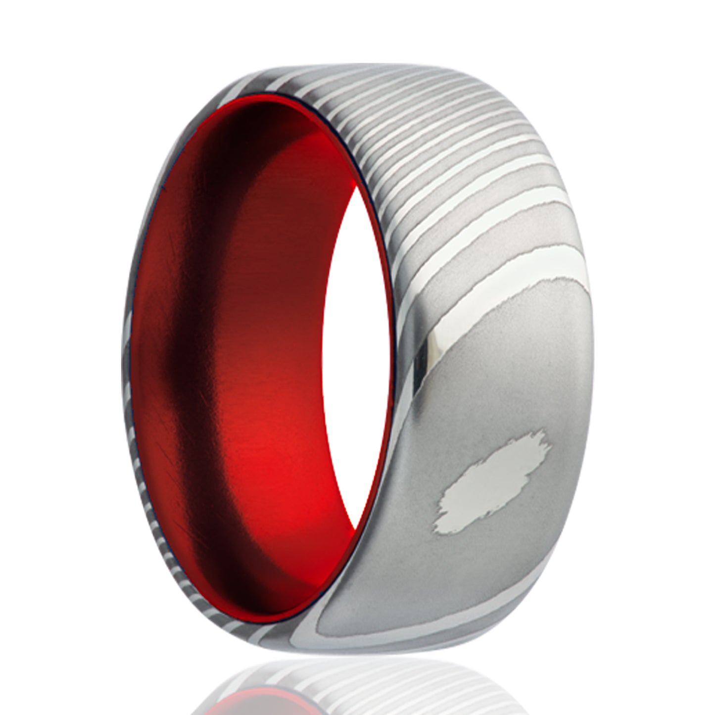 Damascus Ring with Red Anodized Sleeve - Comfort Fit