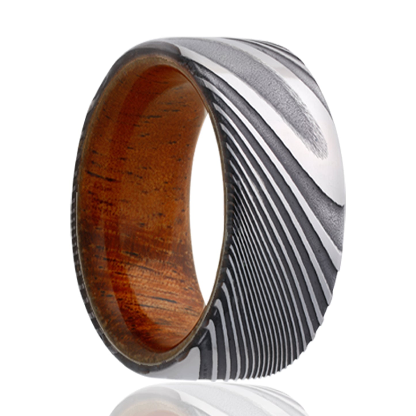 Damascus Steel Comfort Fit Ring with Koa Wood