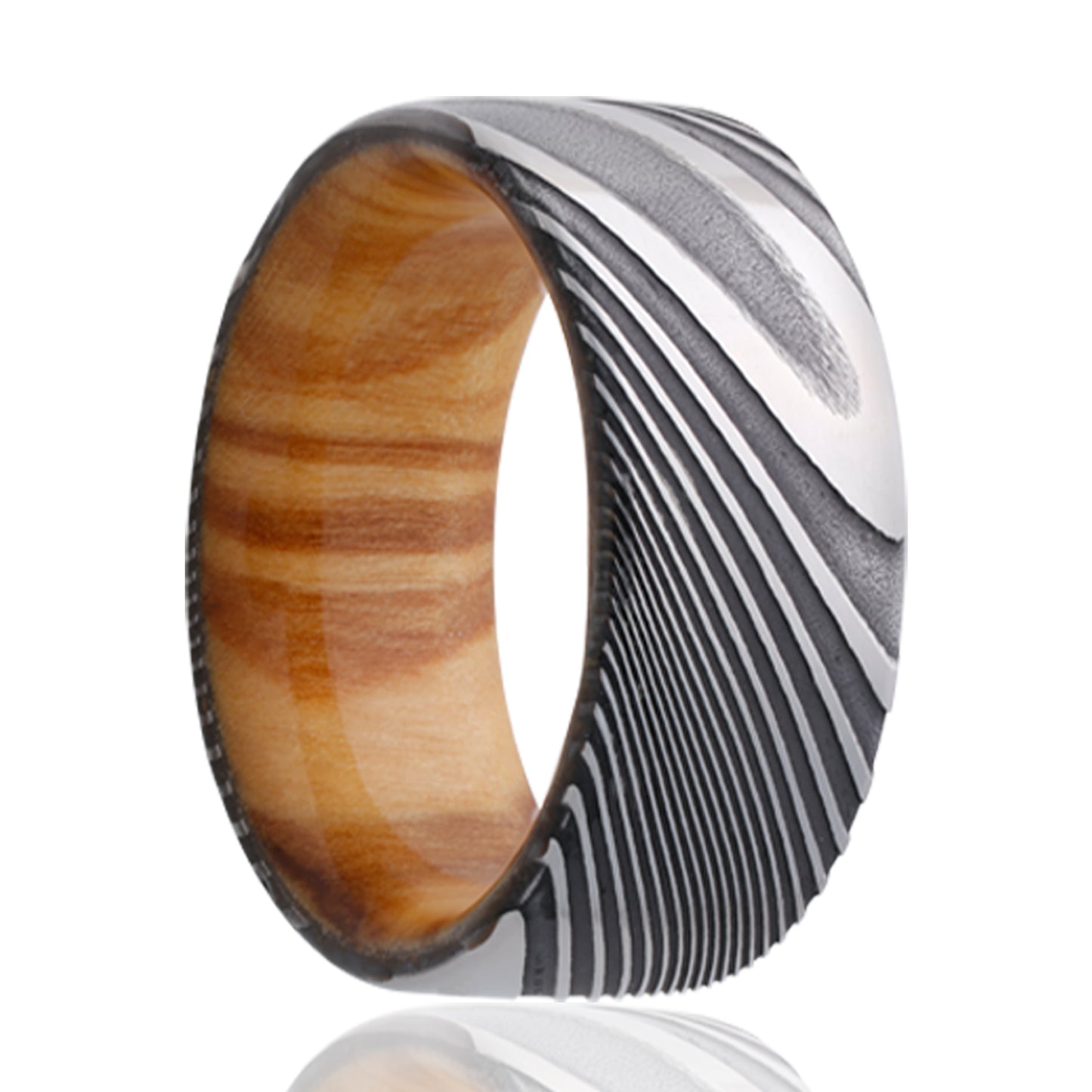 Damascus Steel Comfort Fit Ring with Olive Wood