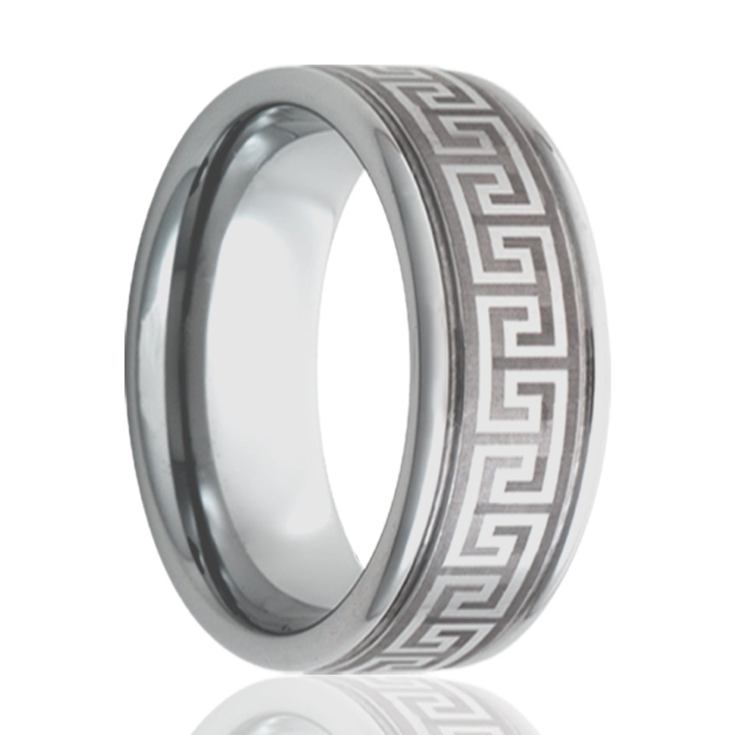 Tungsten Comfort Fit Polished Ring with Greek Key