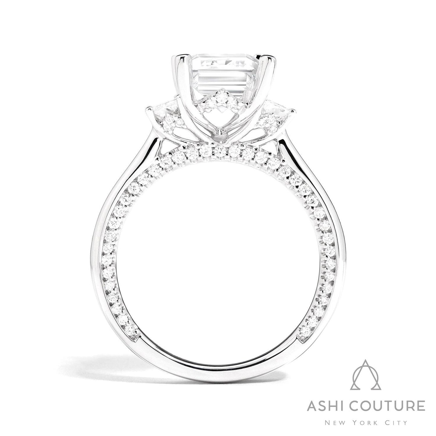 Couture Three-Stone Semi-Mount Engagement Ring With Trap Side Diamonds