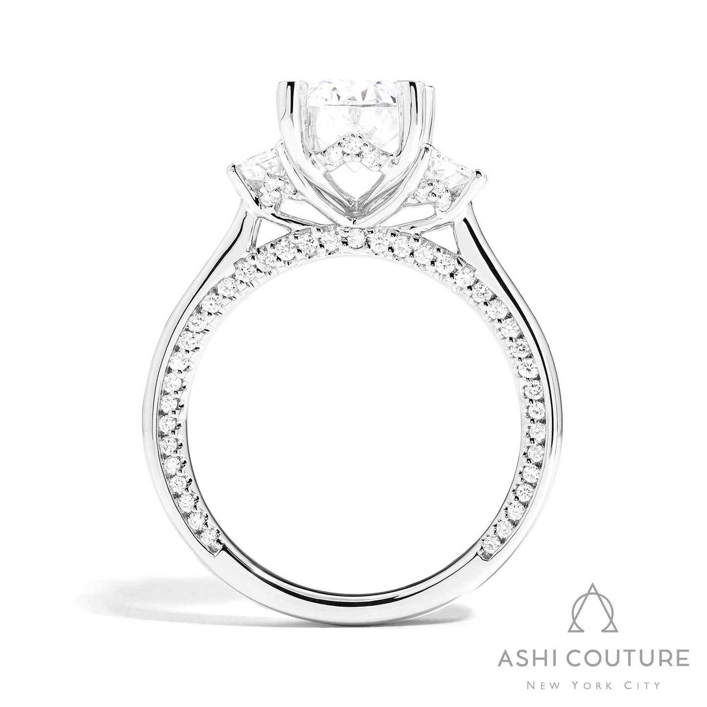 Couture Three-Stone Semi-Mount Engagement Ring With Trap Side Diamonds