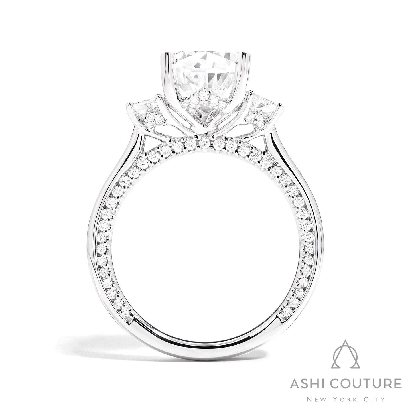Couture Three-Stone Semi-Mount Engagement Ring With Trap Side Diamonds