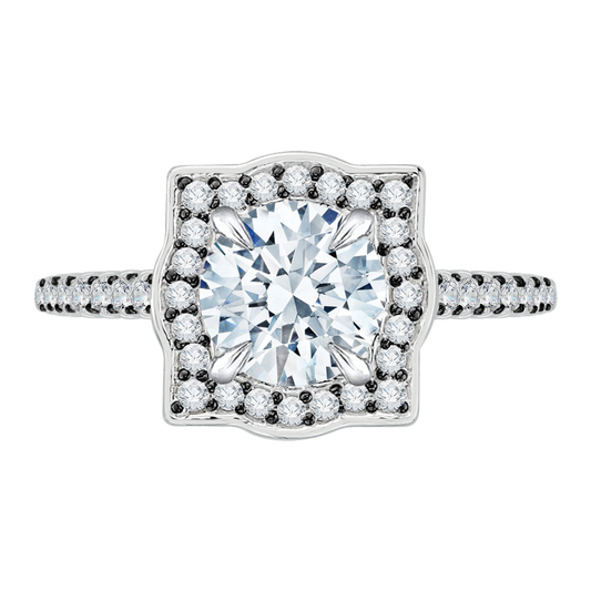 Black and White Rhodium Tips Diamond Halo Vintage Engagement Ring in 14K White Gold (Semi-Mount)