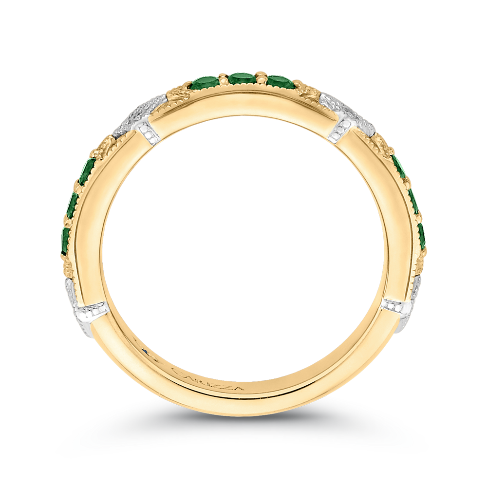 Round Diamond and Green Tsavorite Wedding Band in 14K Two Tone Gold