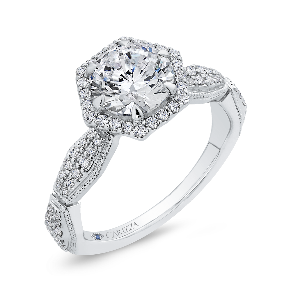 Round Diamond Halo Vintage Engagement Ring in 14K White Gold (Semi-Mount)