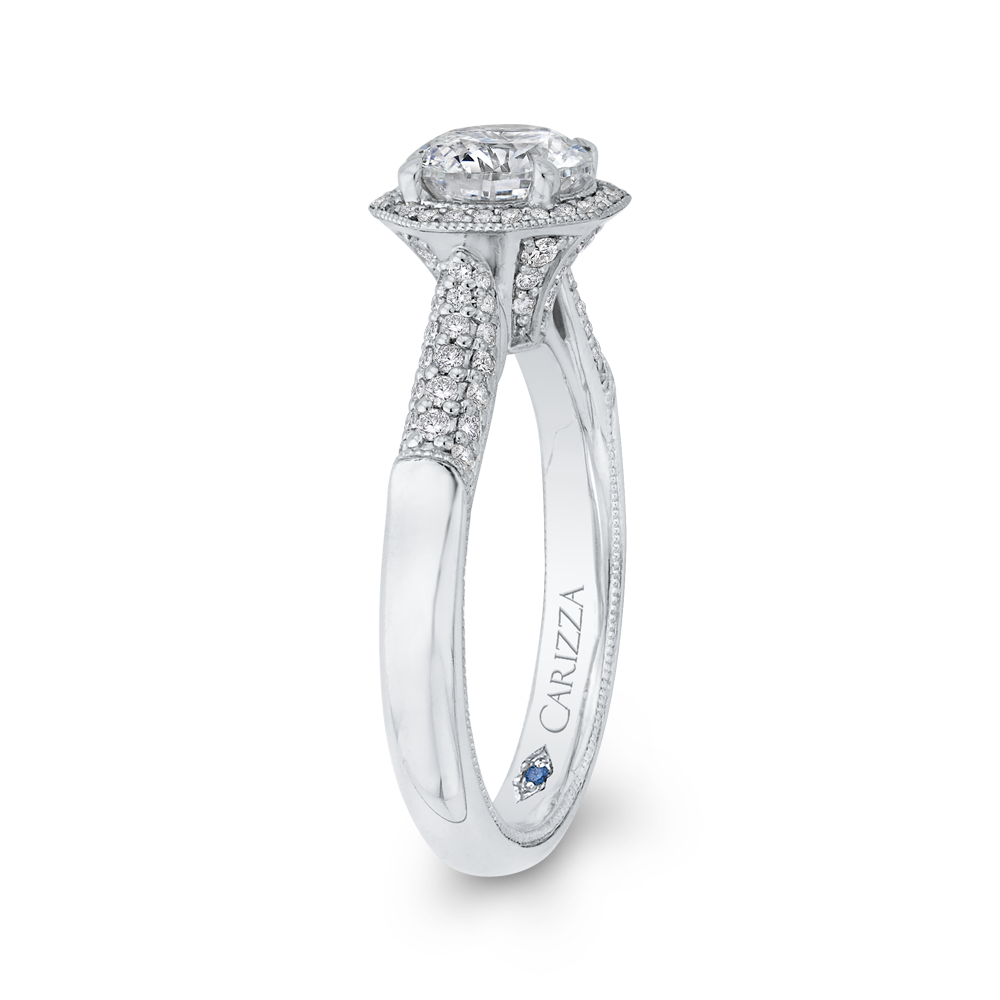 Round Halo Diamond Vintage Engagement Ring in 14K White Gold (Semi-Mount)