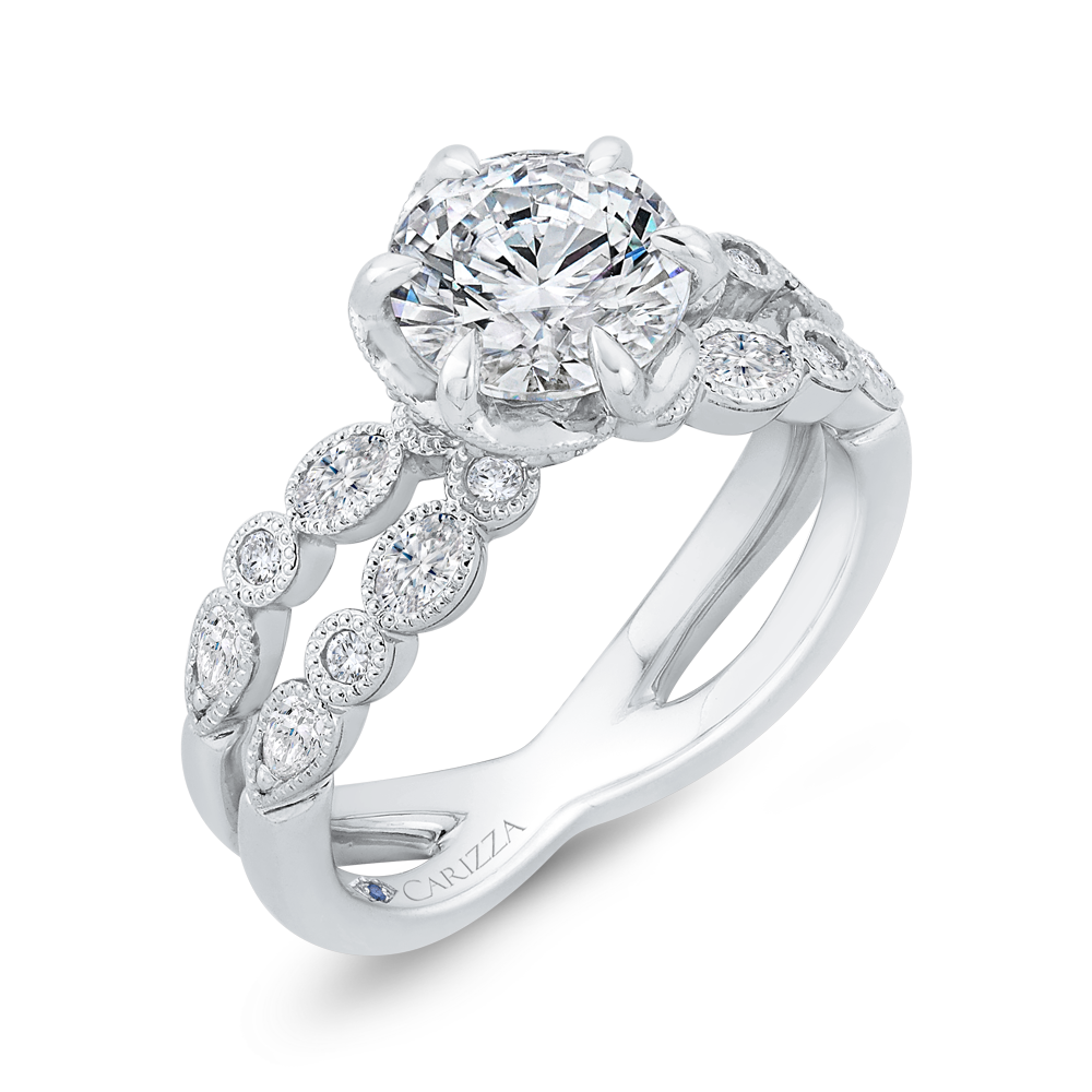 Split Shank Bezel Set Round Diamond Split Shank Engagement Ring with Milgrain 14K White Gold (Semi-Mount)