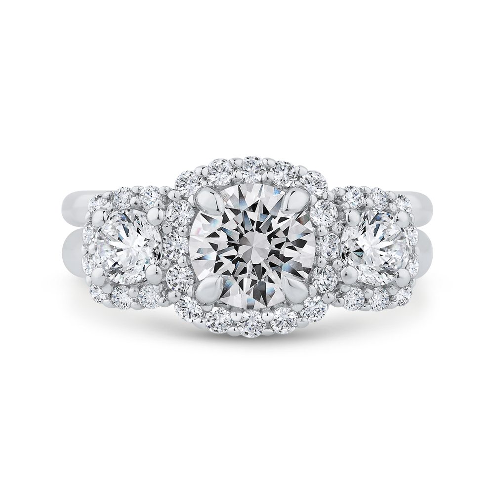 Diamond Three-Stone Halo Engagement Ring in 14K White Gold (Semi-Mount)