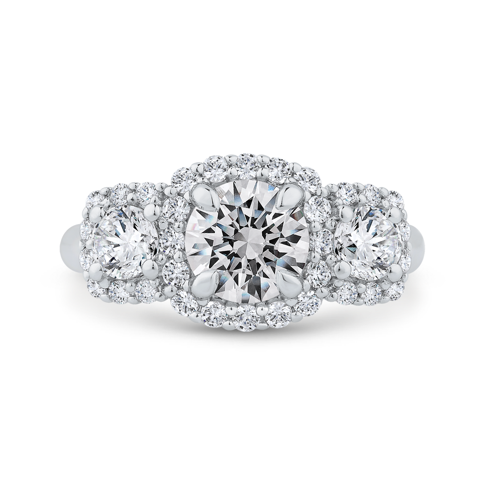 Diamond Three-Stone Halo Engagement Ring in 14K White Gold (Semi-Mount)
