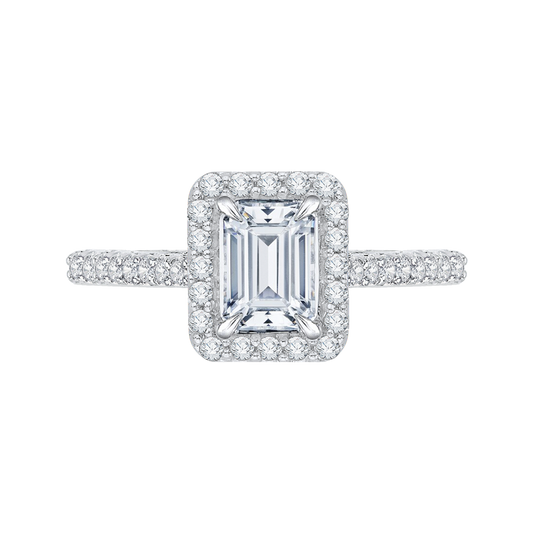 Emerald Cut Diamond Halo Engagement Ring with Band In 14K White Gold (Semi-Mount)