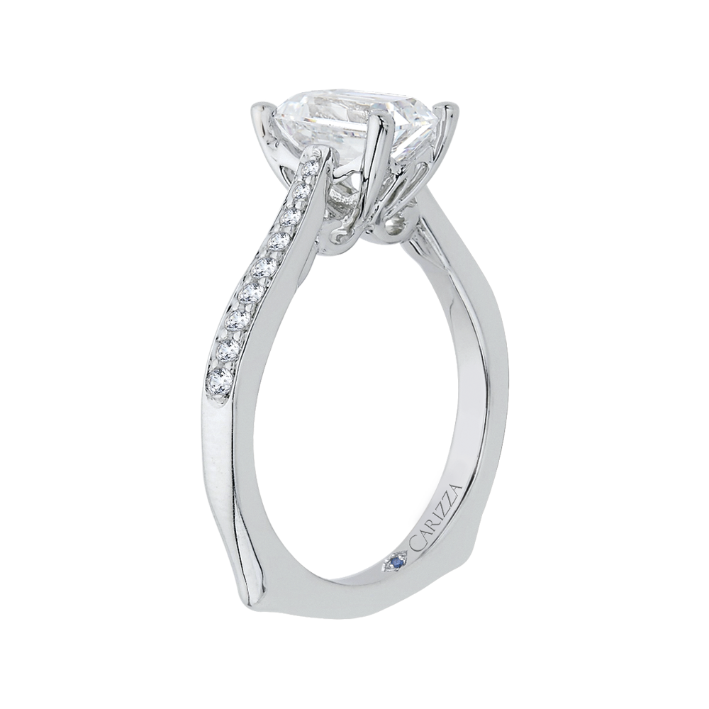 Emerald Cut Diamond Solitaire with Accents Engagement Ring in 14K White Gold (Semi-Mount)