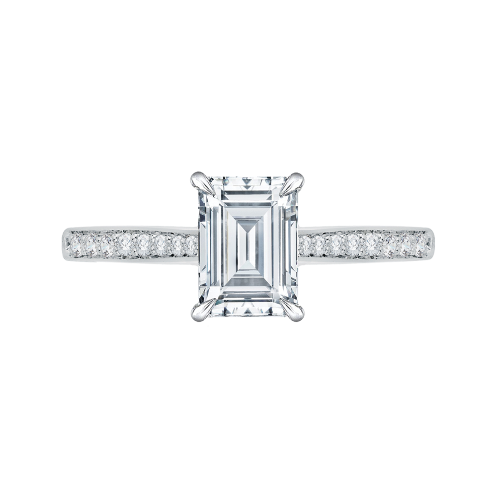 Emerald Cut Diamond Solitaire with Accents Engagement Ring in 14K White Gold (Semi-Mount)
