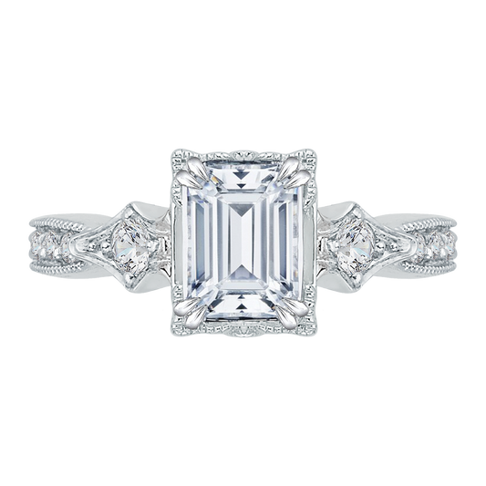 Emerald Cut Diamond Vintage Engagement Ring In 14K White Gold (Semi-Mount)