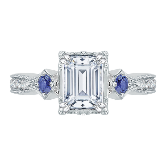 Emerald Cut Diamond Engagement Ring with Sapphire in 14K White Gold (Semi-Mount)