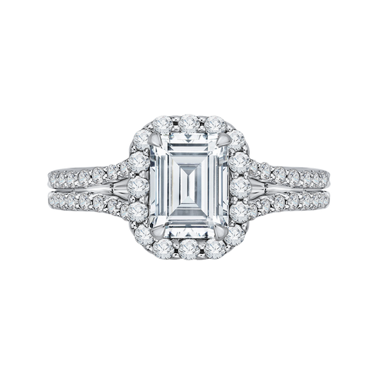 Split Shank Emerald Cut Diamond Halo Vintage Engagement Ring in 14K Two Tone Gold (Semi-Mount)