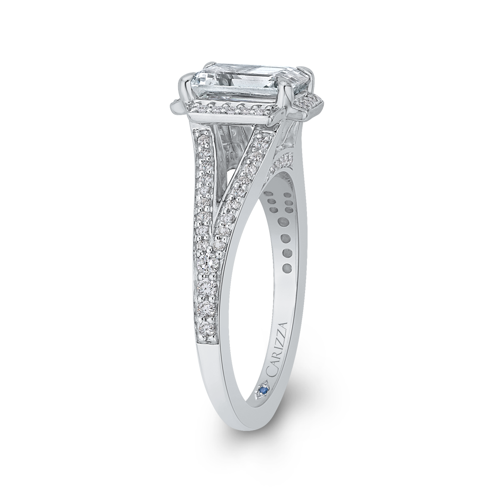 Split Shank Emerald Cut Diamond Cathedral Style Engagement Ring in 14K White Gold (Semi-Mount)