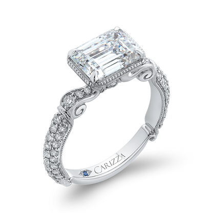 Emerald Cut Diamond Vintage Engagement Ring in 14K White Gold (Semi-Mount)