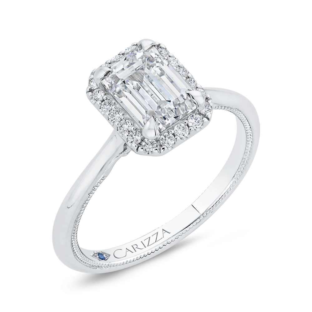 Emerald Cut Diamond Halo Engagement Ring in 14K White Gold (Semi-Mount)