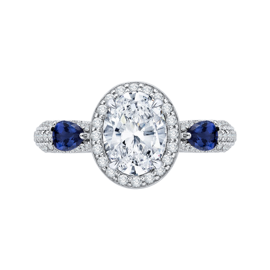 Oval Cut Diamond Halo Engagement Ring with Sapphire in 14K White Gold (Semi-Mount)