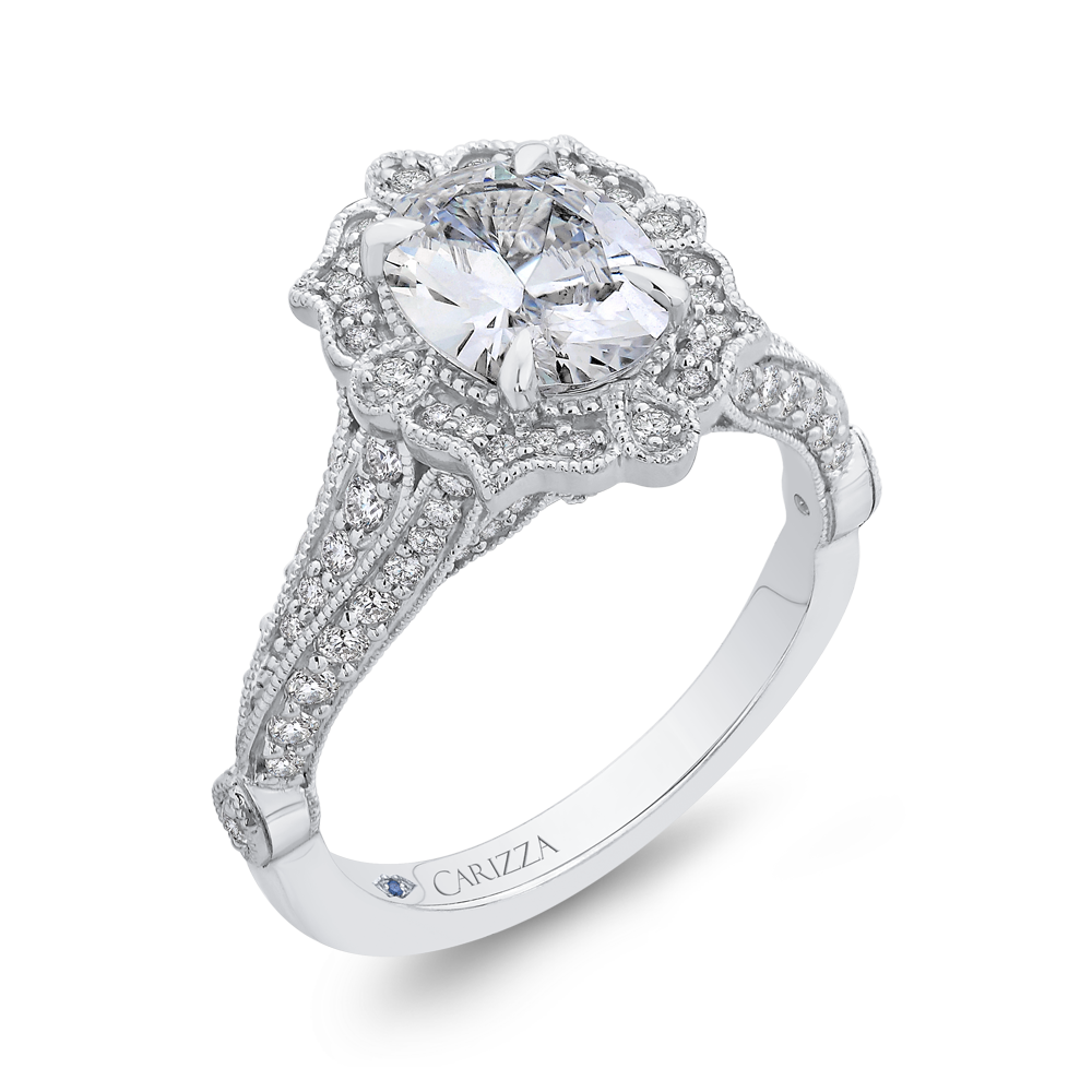 Oval Cut Diamond Halo Vintage Engagement Ring in 14K White Gold (Semi-Mount)