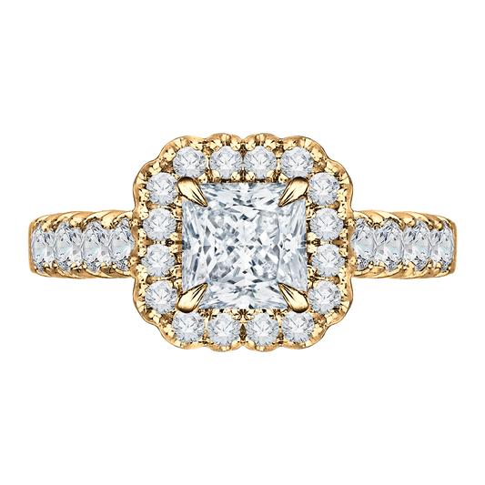 Princess Cut Diamond Halo Engagement Ring with Band in 14K Yellow Gold (Semi-Mount)