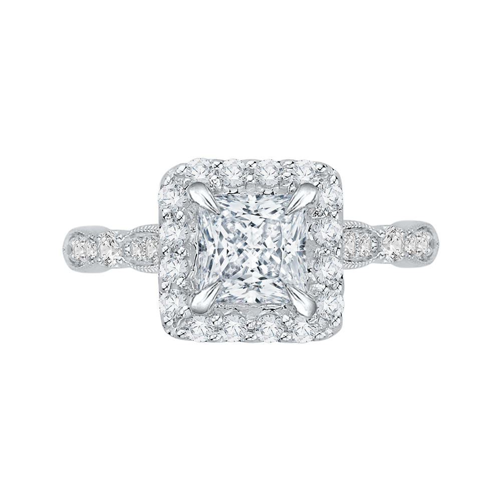 Princess Cut Diamond Halo Vintage Engagement Ring in 14K White Gold (Semi-Mount)