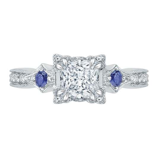 Princess Cut Diamond Engagement Ring with Sapphire in 14K White Gold (Semi-Mount)
