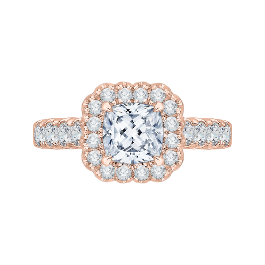 Cushion Cut Diamond Halo Engagement Ring with Band in 14K Rose Gold (Semi-Mount)