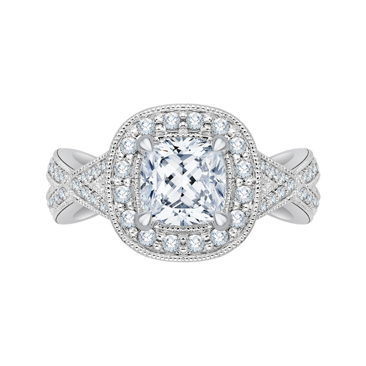 Split Shank Cushion Cut Diamond Halo Engagement Ring in 14K White Gold (Semi-Mount)
