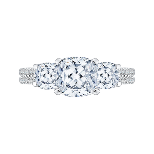 Cushion Cut Diamond with Sapphire Three-Stone Cathedral Style Engagement Ring in 14K White Gold (Semi-Mount)