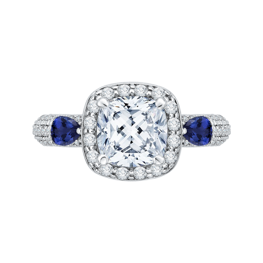 Cushion Cut Diamond Halo Engagement Ring with Sapphire in 14K White Gold (Semi-Mount)