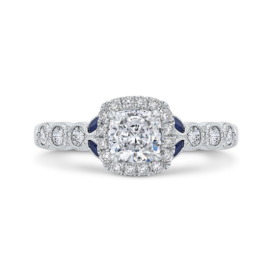 Cushion Cut Diamond Halo Engagement Ring with Sapphire in 14K White Gold (Semi-Mount)