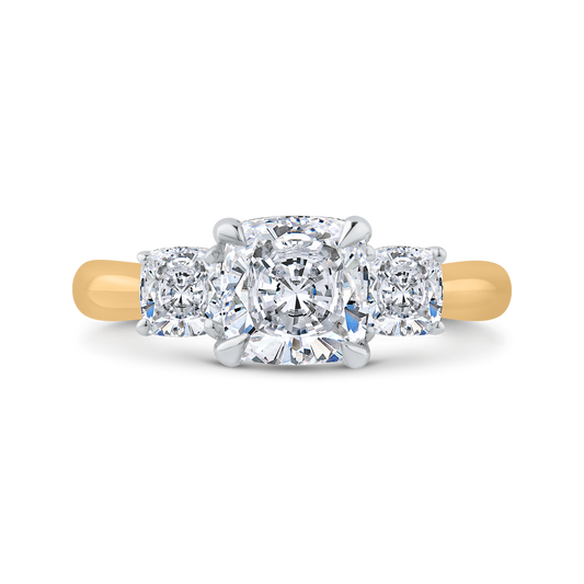 Cushion Cut Diamond Three-Stone Plus Engagement Ring with Round Shank in 14K Two Tone Gold (Semi-Mount)