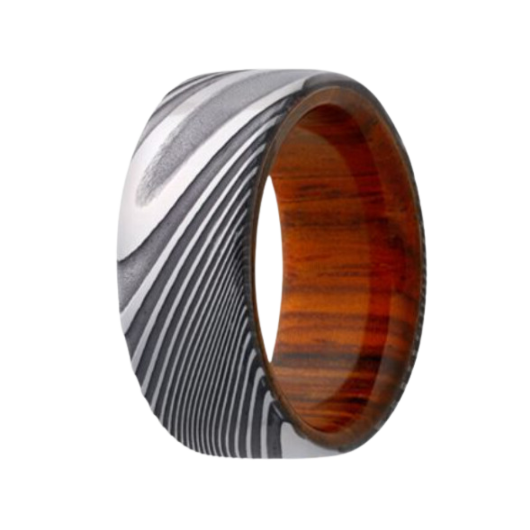 Damascus Steel Ring with Cocobolo Wood Sleeve
