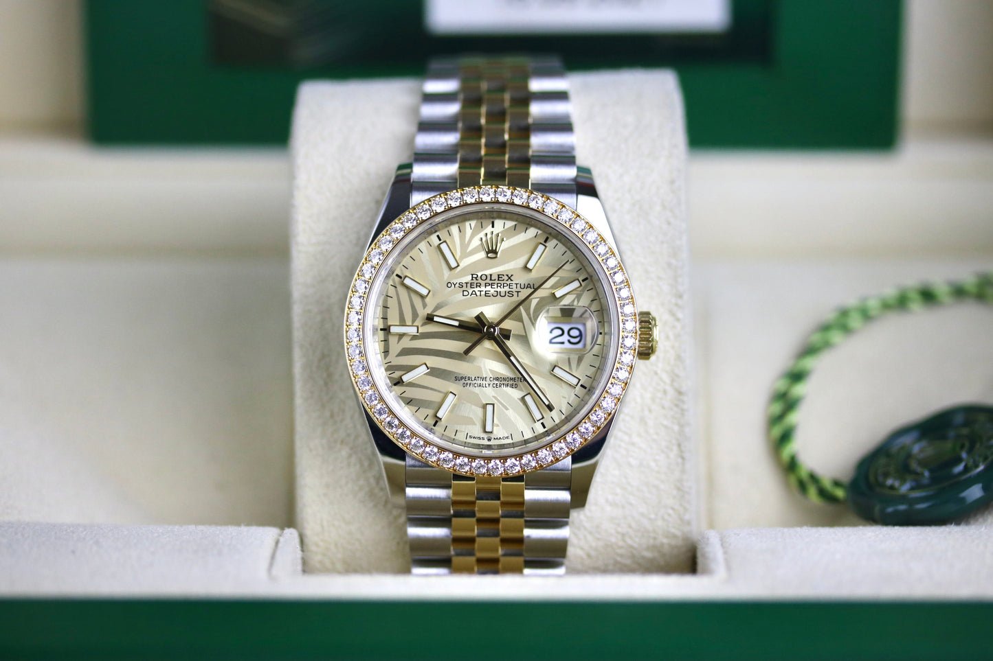 2021 Rolex 126283RBR Datejust 36mm Palm Dial Factory Diamond Bezel with Box & Papers