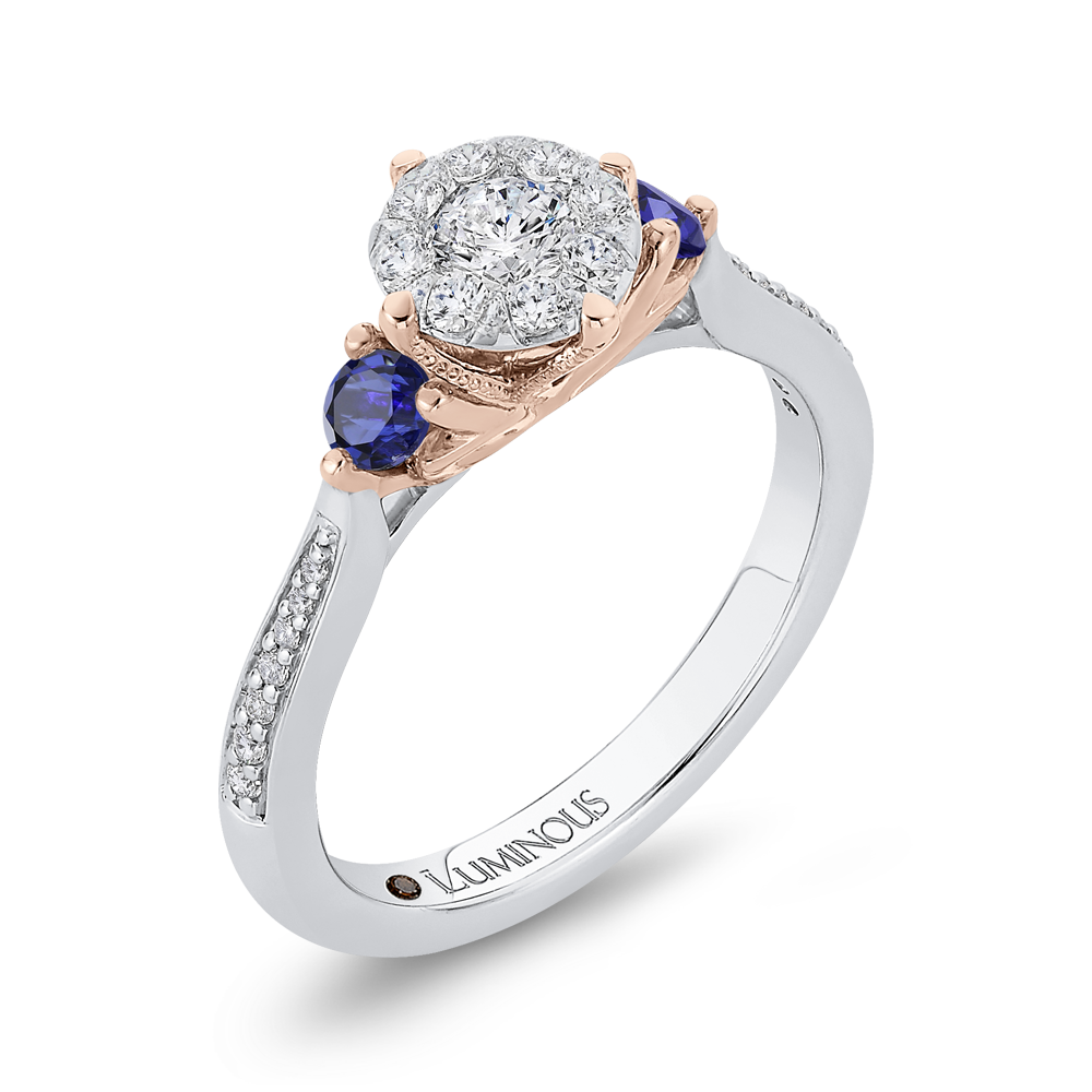 Round Diamond Three-Stone Engagement Ring with Blue Sapphire in 14K Two Tone Gold