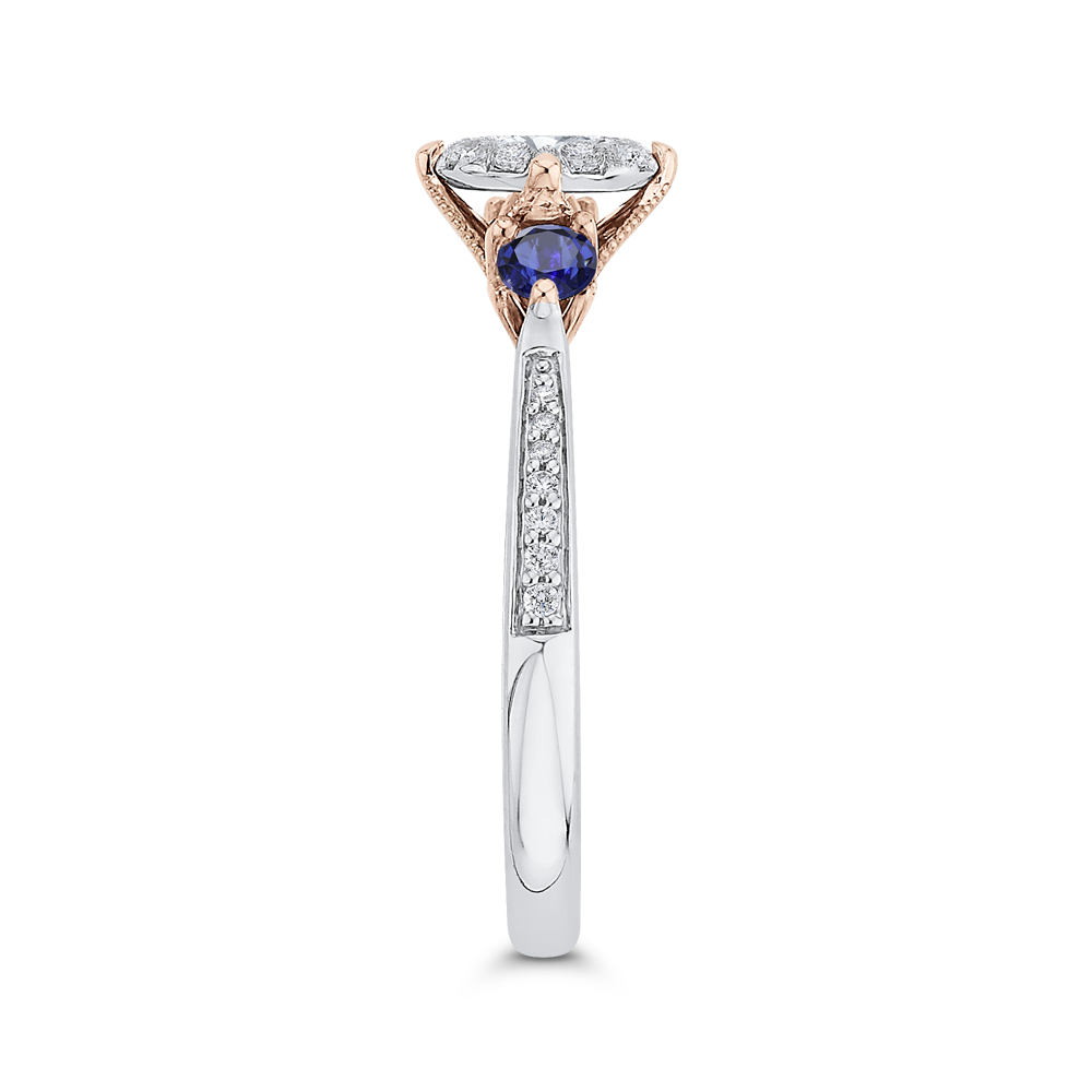 Round Diamond Three-Stone Engagement Ring with Blue Sapphire in 14K Two Tone Gold