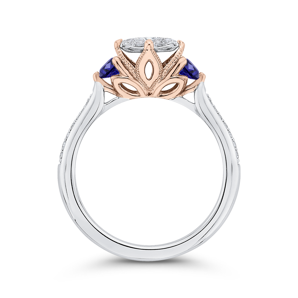 Round Diamond Three-Stone Engagement Ring with Blue Sapphire in 14K Two Tone Gold