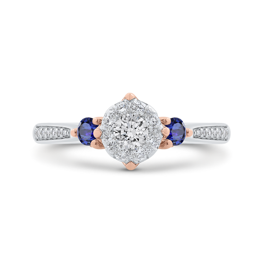Round Diamond Three-Stone Engagement Ring with Blue Sapphire in 14K Two Tone Gold