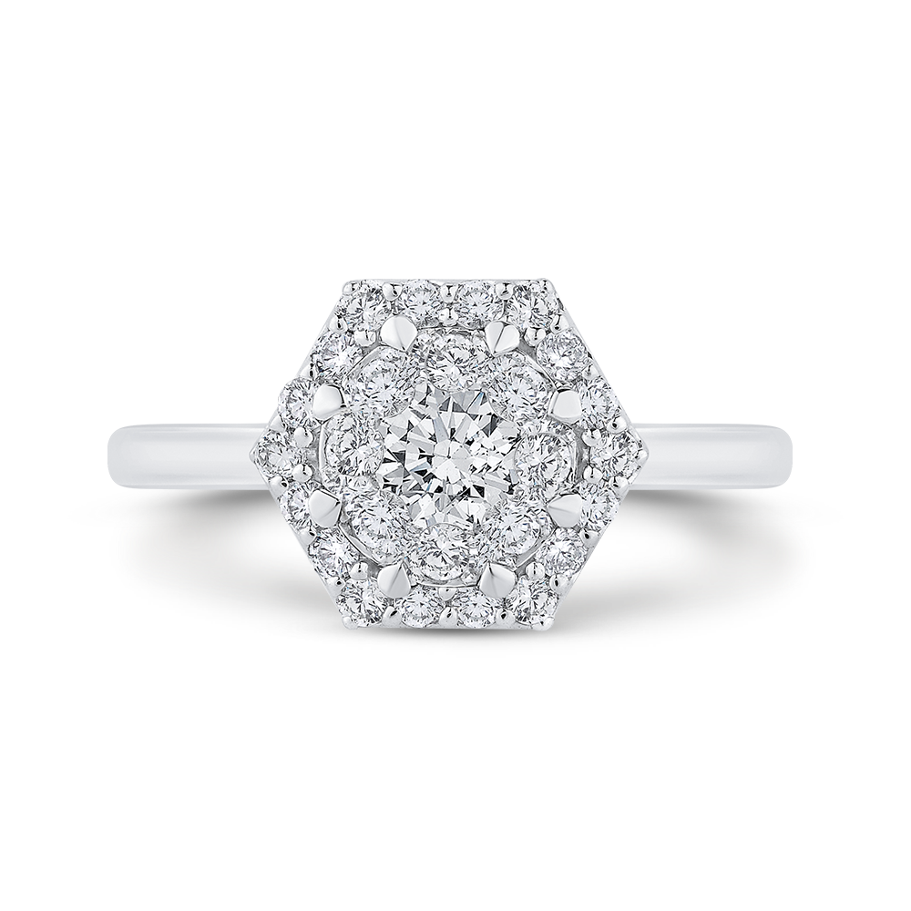 Round Dimaond Hexagon Shape Halo Engagement Ring in 14K White Gold