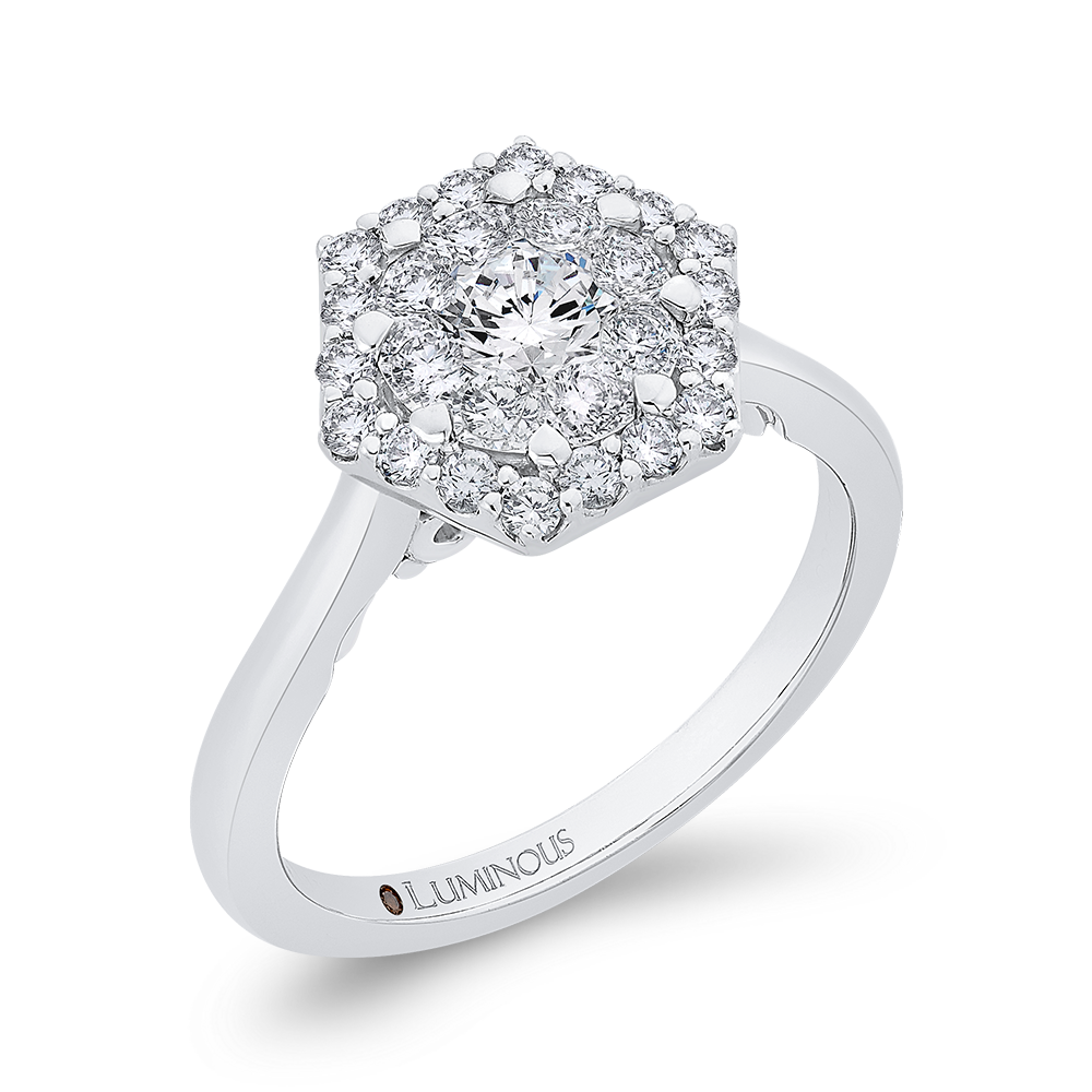 Round Dimaond Hexagon Shape Halo Engagement Ring in 14K White Gold