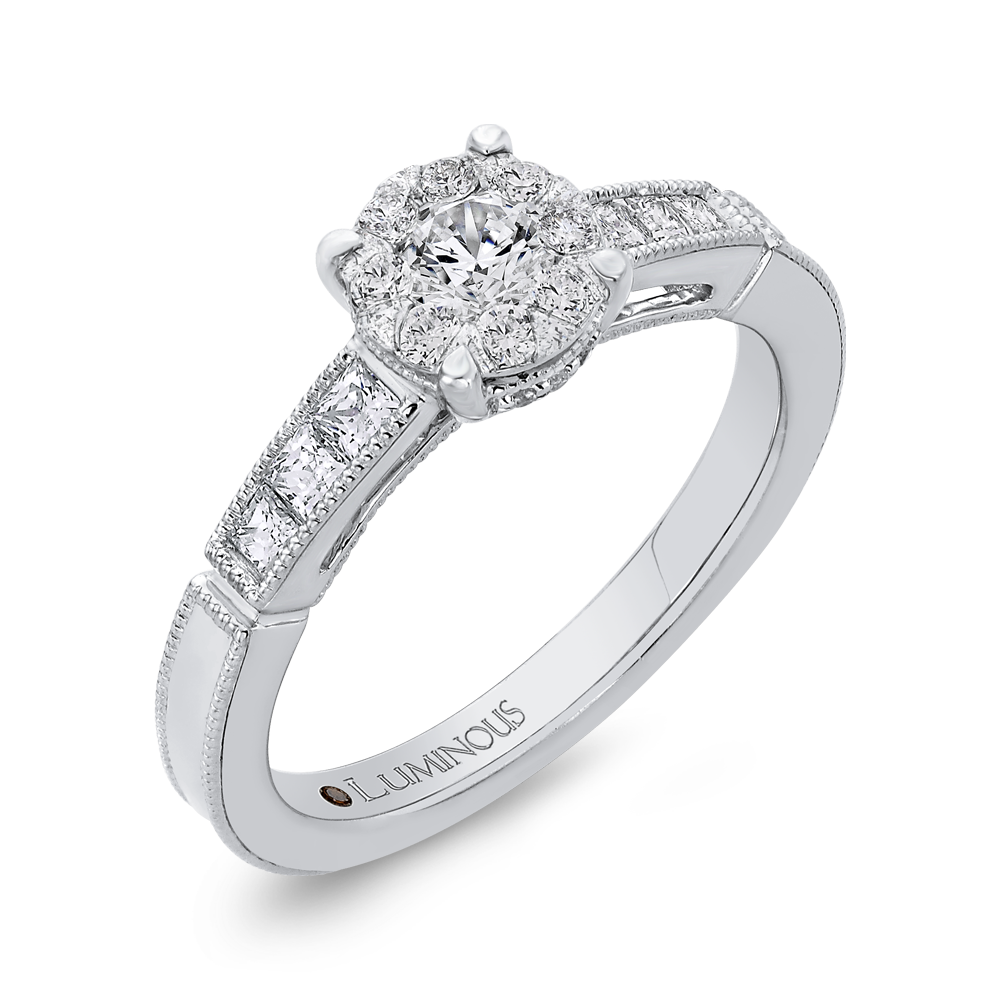 Round & Princess Cut Diamond Engagement Ring in 14K White Gold