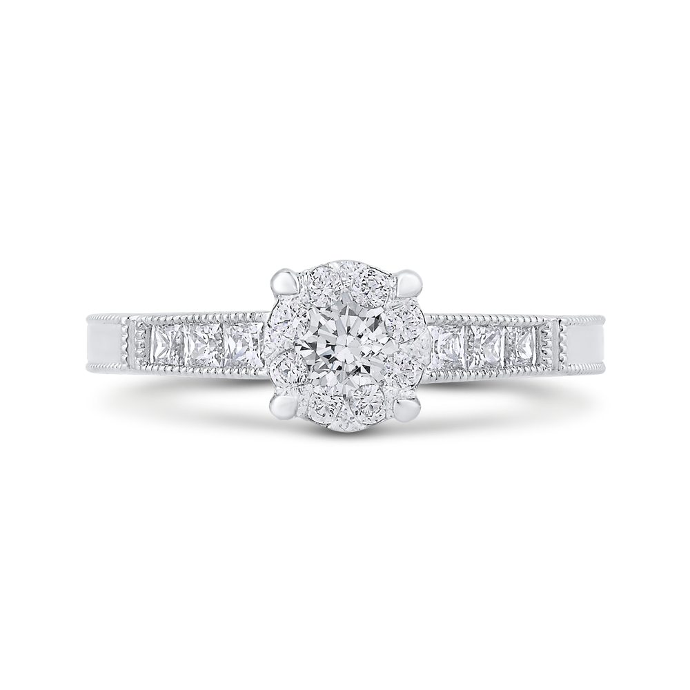 Round & Princess Cut Diamond Engagement Ring in 14K White Gold