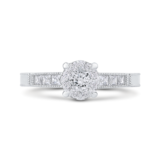 Round & Princess Cut Diamond Engagement Ring in 14K White Gold