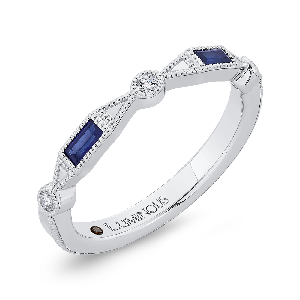 Round Diamond Wedding Band with Sapphire in 14K White Gold
