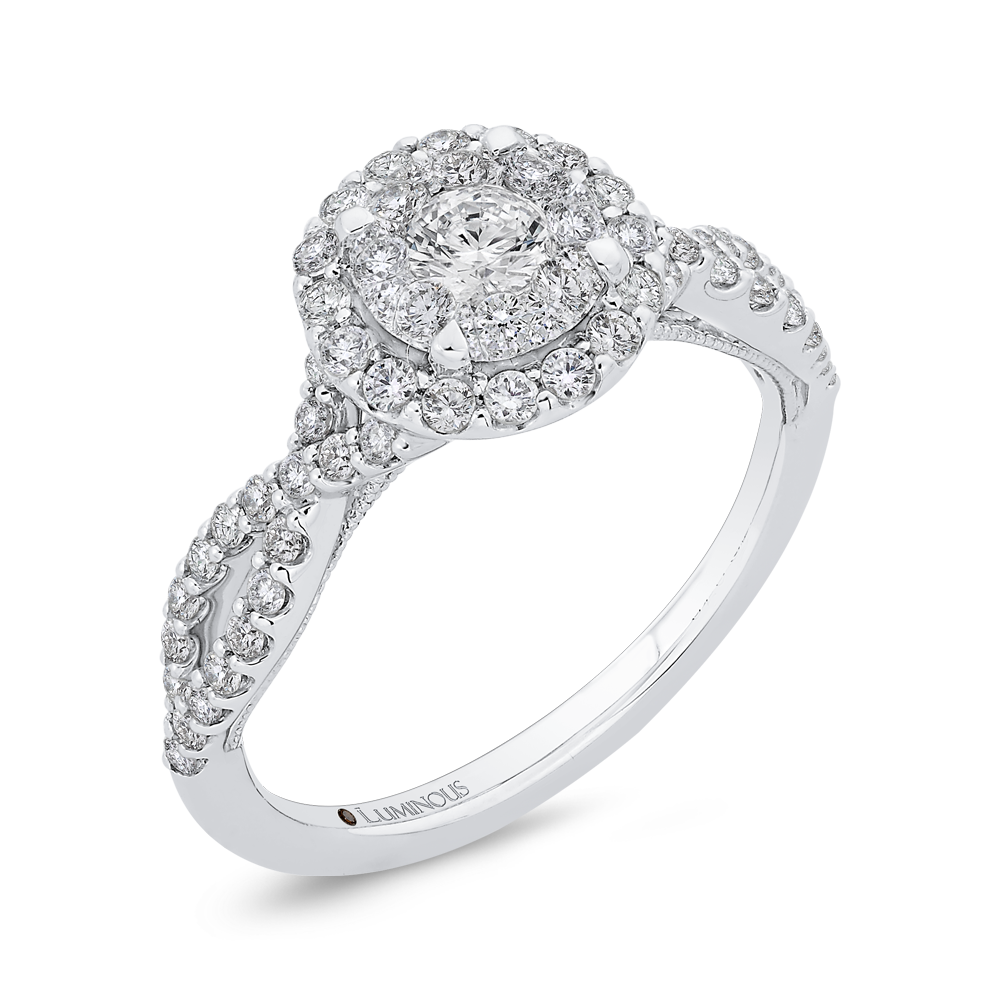 Split Shank Round Diamond Halo Engagement Ring in 14K White Gold