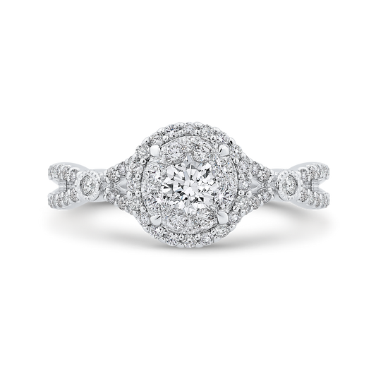 Split Shank Round Diamond Halo Engagement Ring in 14K White Gold