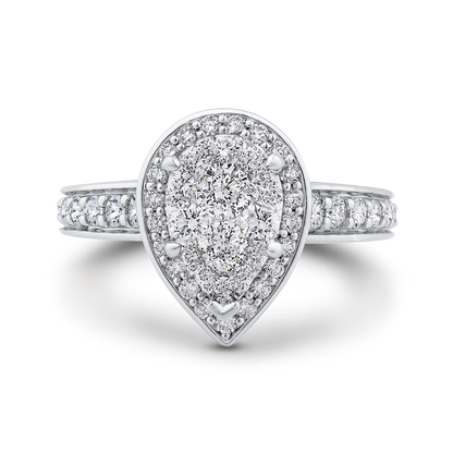Round Diamond Pear Shape Halo Engagement Ring in 14K White Gold