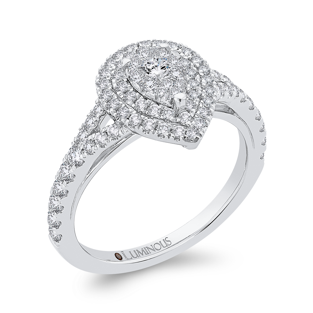 Split Shank Round Diamond Pear Shape Double Halo Engagement Ring in 14K White Gold